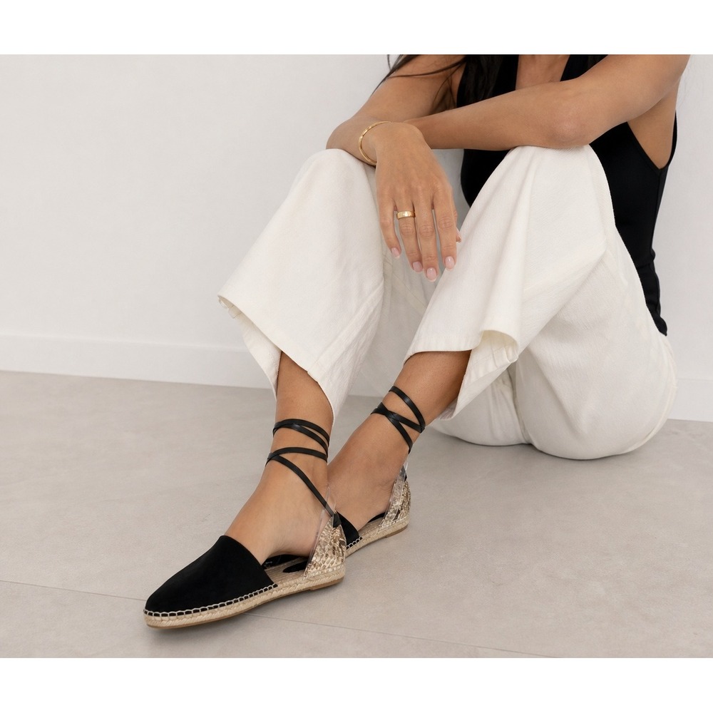 Freda Salvador Aria Black Suede Snakeskin Ankle Strap Espadrille Flats Size‎ 41